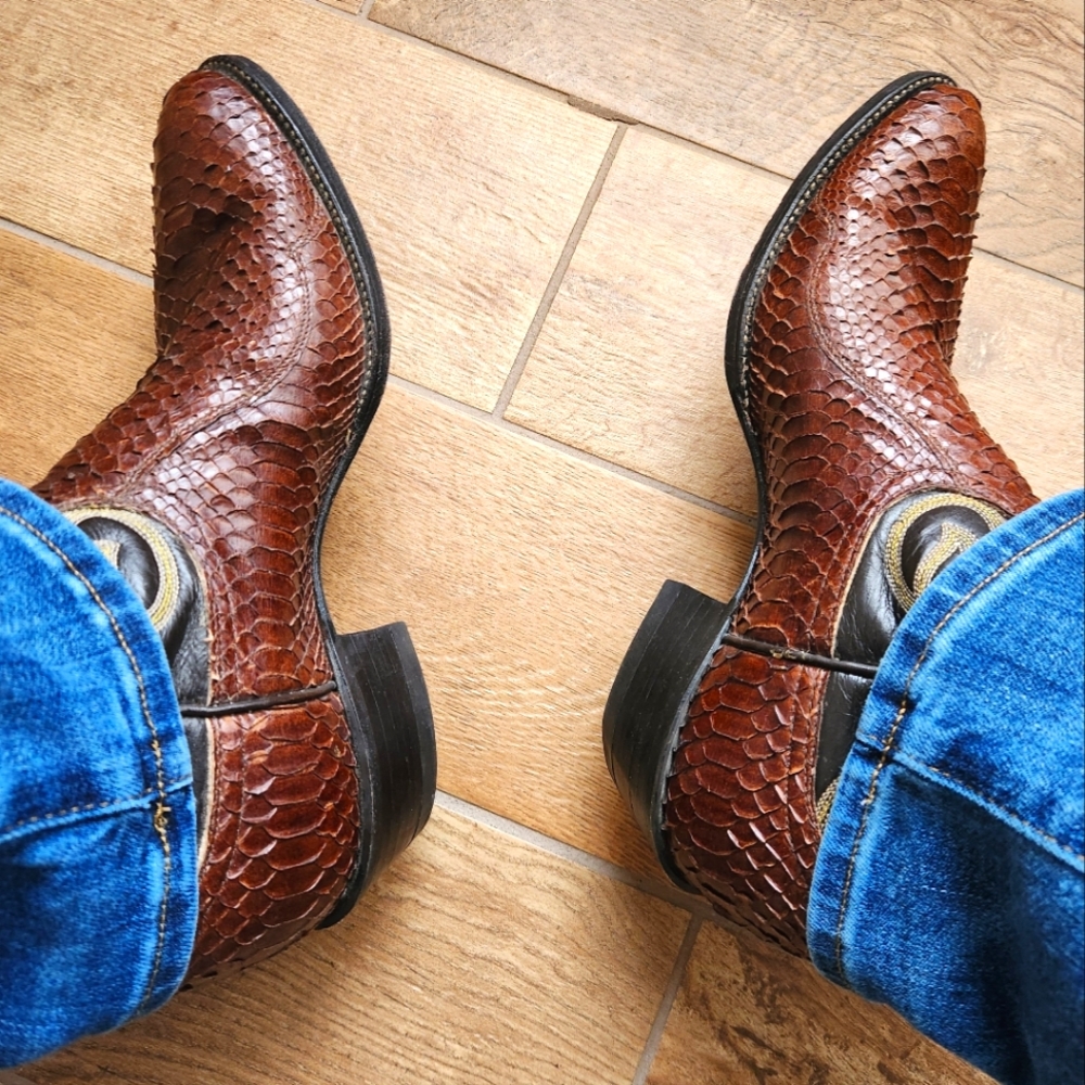 Vintage Tony Lama Python Skin Brown Cowboy Boots Men's 12 B